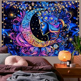 AtawLege Blacklight Tapestry UV Reactive Tapestries Moon and Star Tapestry Sun Mandala Tapestry Aesthetic Tapestry Boho Tapestry Wall Hanging for Bedroom(51.2 x 59.1 inches)