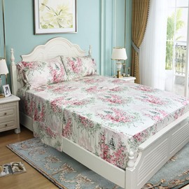 ABREEZE Sheets Set Queen Floral Sheets 100% Cotton Elegant Farmhouse Bedding Bed Sheets Pink Tower Flower Printed Bed Sheet Soft Deep Pocket Sheet 17.5'' 4 Pcs