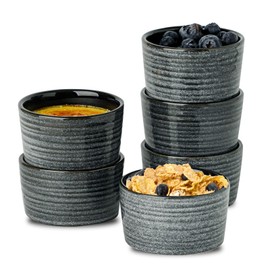 Hasense 4 oz Ramekins Oven Safe,Ceramic Creme Brulee Dish for Baking Set of 6,Porcelain Dipping Sauce Bowls for Pudding, Souffle,Serving Dip,Custard,Ice Cream, Grey