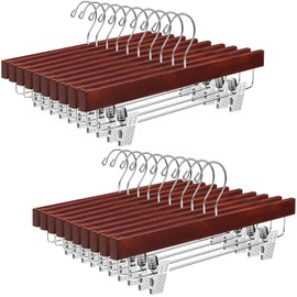 BAGAIL Wooden Pants Hangers with Adjustable Clips, 360°Swivel Hook Space Saving Skirt Holders with Anti-Rust Clips for Trousers, Jeans, Shorts (20Pack Walnut)