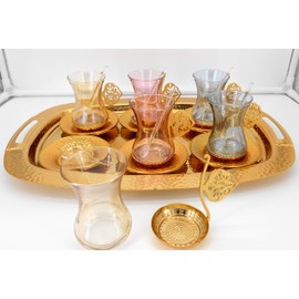 Gold color Set of 6 tea cups with saucer, metal cup holder & tray/Moroccan drink ware/Home decorative