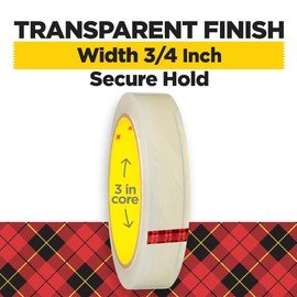 Scotch Brand Transparent Tape, Clear Tape Engineered for Office and Home Use, 3/4 x 2592 Inches, 3 Inch Core, 2 Rolls