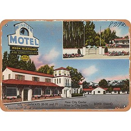 7 x 10 METAL SIGN - Idaho Postcard - Mission Motel, near city center, U.S. highways 20-30 and 26, west in c - Vintage Rusty Look
