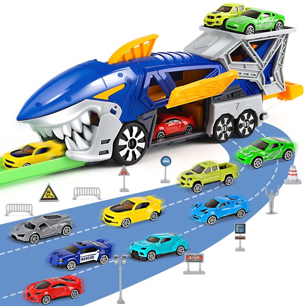 Aoskie Shark Transporter Car Toys, Truck Cars for 3,4,5 Year Old Boys with 8 Mini Cars, 2 Tracks, 1 Road Sign Kit, Car Transporter Toy Gifts for 3 year olds Boys