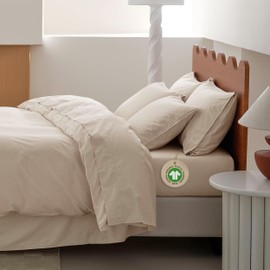 Double Stitch Organic Cotton Sheets King Size - Soft & Breathable Sheet Set 4 Piece，Luxury 300 TC Sateen Weave Bedding, 100% GOTS Certified Long Staple Cotton, Made in India, Beige