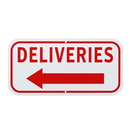 M METERXITY 1-Pack Deliveries Sign with Lift Arrow, 12" x 6" Rust Free Aluminum Front Door Sign Deliveries Instructions for Package for Home/Office [Red on White]