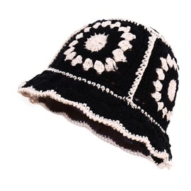 Crochet Bucket Hat for Women Handmade Knit Sun Hat Foldable Cute Floppy Beach Hat for Women (Black)