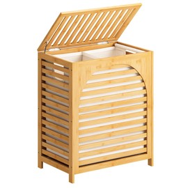 Laundry Hamper with Lid, 27.3 Gallon (103L) Bamboo Wood Clothes Laundry Basket with Lid and Handles, Removable Liner