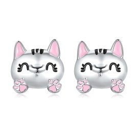 Nisgoin Cute Cat Stud Earrings for Women Hypoallergenic 925 Sterling Silver Animal Cute Earrings for Teen Girls Birthday Jewelry Gifts, Silver, enamel