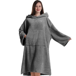 Adult Changing Bath Robe Beach Towel Coral Fleece Long Sleeve Hooded Blanket Super Soft Thick Fleece Poncho Bathrobe Shower Swimming Surfing Robe One Size for Men Women (Grey)