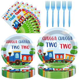 Hokinaa Chugga Chugga Two Two Tableware - 96 Pcs Train Themed 2nd Birthday Decorations, Railroad Transportation Disposable Paper Plate Napkin Fork, 2 Years Old Party Supplies for Boy, Serves 24 Guests