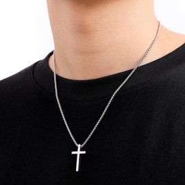 Fiusem Silver Tone Cross Necklace for Men, Mens Cross Necklaces with 2.5mm Cross Chain and Stainless Steel Cross Pendant Small, Box Chain 18 Inch