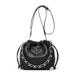 DORIS&JACKY Drawstring Bucket Shoulder Bag for Women Quilted Hobo Purse With 2 Removable Straps And 4 Metal Corner Protector (1-Black)