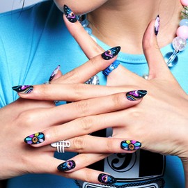 GLAMERMAID Press on Nails Medium Almond- Black Gothic Cartoon Fake Nails Short Oval, Dull Polish Stick Glue on Nails for Women, Matte Gel Matte Acrylic Emo False Nail Kits with Ghost Flower Mushroom