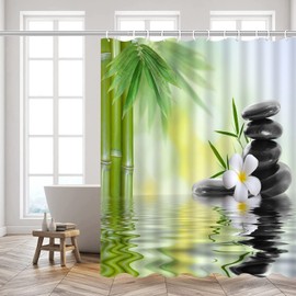 Zen Garden Shower Curtains Spa Green Bamboo Black Stone White Flower Spring Scenery Bathroom Decor Polyester Fabric Curtains Sets 70 x 70 Inch with Hooks