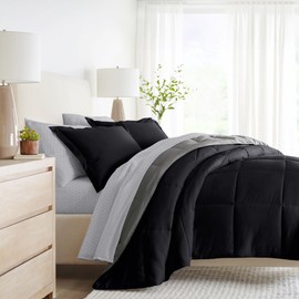 LINENS & HUTCH Bedding Bundle, Reversible Microfiber Comforter Set and Patterned Sheet Set - Queen Chambray Black/Fog