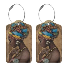 Teery-YY Afro African American Woman Pattern 2 PCS Luggage Tags Privacy Name ID Card Baggage Labels with Stainless Steel Loop PU Leather for Travel Suitcase Bag, Black