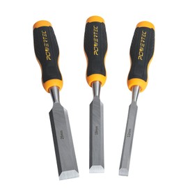 POWERTEC Wood Chisel 3 Piece Set - 1", 3/4" & 1/2" Bevel-Edge Bench Chisels with Strike Cap, Drop Forged Chrome Vanadium Steel Blades for Woodworking, Joinery, Mortising, Paring and Trimming (72136)