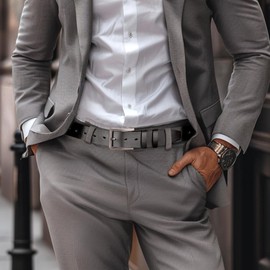 maikun Mens Casual Dress Belt, Black Belt Men PU Leather, Casual Wear Jeans Pants, Silver Buckle, Size XL