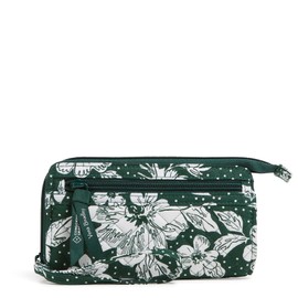 Vera Bradley Unisex's Cotton Collegiate Front Zip Wristlet with RFID Protection (Multiple Teams Available), Dk Green/White Rain Garden, One Size