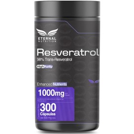 RESVERATROL HIGH PURITY 98% TRANS-RESVERATROL 300 capsulas (1000mg por porcion), by Eternal Nutrition - Ingredientes Naturales Premium de USA