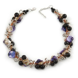 Avalaya Black Ceramic Bead & Purple/Natural Shell Composite Silver Tone Link Necklace - 43cm L/ 5cm Ext