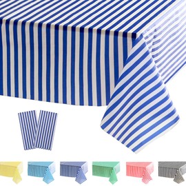 POPOYU Pack of 2 Dark Blue Striped Tablecloths, Dark Blue Striped and White Stripes Tablecloths, Children's Party Decorations, Plastic Tablecloth for Children's Birthday, Picnic