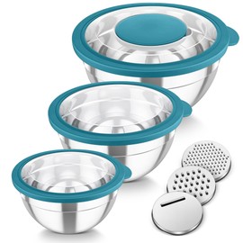 TeamFar Mixing Bowls, 3PCS Stainless Steel Salad Bowls with Transparent Lids & 3 Grates, For Kitchen Mixing/Baking/Serving/Prepping, Nested, Heavy Duty & Easy Clean - 1.5/3/4.5QT, Dark Blue