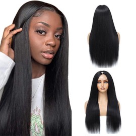 V Part Wig Human Hair Straight Human Hair Wigs Upgrade U Part Human Hair Wig for Women No Leave Out No Sew In 200% Density Natural Color 28 Inch