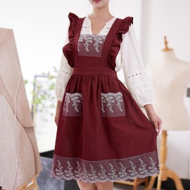 Aoomzoom Vintage Aprons for Woman with Pockets Cute Lace Ruffle Adjustable Apron for Cooking Kitchen Baking Gardening (Red)