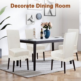 Velvet Dining Room Chair Cover Stretch Thicker Dining Chair Covers Set of 4, Removable & Soft Velvet Kitchen Chairs Covers Washable Parsons Chairs Slipcover for Kitchen Room (Beige, with Skirt, 4PCS)