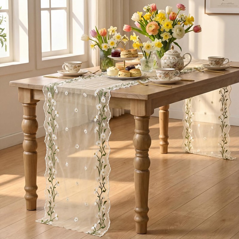 Artoid Mode Daisy Floral Beige Apricot Shaped Gauze Embroidery Table
