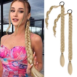2 Packs Dark Blonde Long Braided Ponytail Extensions with Hair Ties Natural Soft Synthetic Hair Piece for Black Women Straight Wrap Around Hair Extensions Ponytail