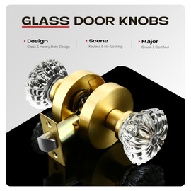 Heittis1 Pack Crystal Door Knobs Interior,Round Passage Glass Door Knob for Hall/Closet,Satin Brass Finish