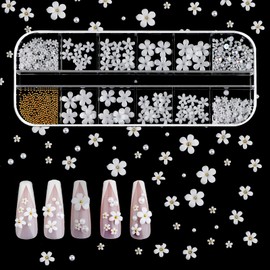 SAVITA 250pcs 12 Styles 3D Acrylic Flowers For Nails, 3D Nail Charms Flat Nails Accessories for DIY Nail Art Designs Jewelry Making (White)