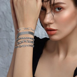 OTTFF Stainless Steel Stackable 5-piece Link Bracelet Set Fashion Adjustable Chain Bracelet Anklet Jewelry Set Gift for Men Women（STEEL #2）