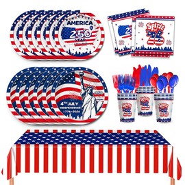 169Pcs 4th of July Party Decoration, USA 250th Anniversary Patriotic Party Kit Includes Red White Blue American Flag Plates, and Napkins, Cups & Cutlery, Tablecloth for Independence Day, Serves 24