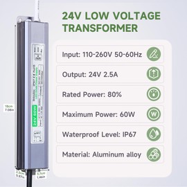 60W LED Driver Waterproof IP67, AC110 to DC 24Volt Constant Voltage Power Supply Transformer, 3.3FT Cord with US Plug for Indoor/Outdoor LED Lights, Strips, Landscape Lightings