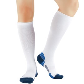 LIN PERFORMANCE Compression Socks for Men and Women 20-30 mmHg Knee High Graduated Support Stockings Travel Flight Sports (White Blue,10-13)