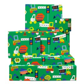 Wrapping Paper Boys - 6 Sheets Of Birthday Gift Wrap For Kids - Truck Tractor Digger - Construction Vehicle - Green Wrapping Paper - Comes With Stickers - Recyclable - By Central 23