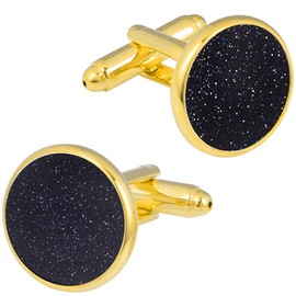 Jonwo Round Blue Sandstone Cufflinks for Men Women Golden/Silver Natural Gemstone Men's Cufflinks Jewelry for Wedding Anniversary Business Party Events Tuxedo Dress Shirt (Golden)