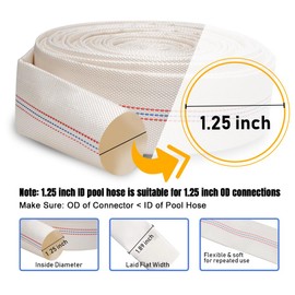 Eoiips 1.25 Inch x 65.6 Feet Length Swimming Pool Backwash Hose, PVC Lay-Flat Garden Hose Water Discharge Hose with Adjustable Hose Clamp for Patio Garden Lawn Irrigation & Swimming Pool