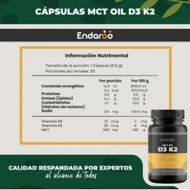 Vitamina D3 y K2 con Aceite MCT ENDAROO para Mejor Absorción, 60 Cápsulas                                                                             