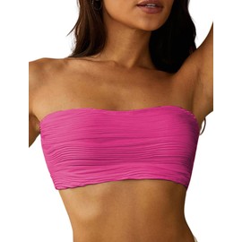 ZAFUL Women Textured Bandeau Bikini Top Lace up Strapless Swimsuit Solid Color High Cut Bathing Suits Top Only(0-Rose Red,M)