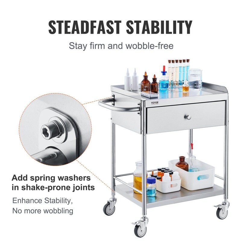 Medical Cart, 2-Layer Stainless Steel Cart 220 lbs Weight Capacity,