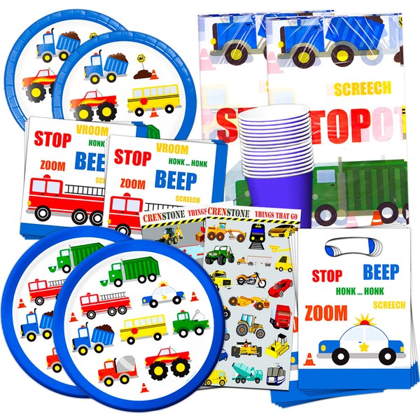Cars and Trucks Party Supplies Ultimate Set -- Birthday Party Decorations, Party Favors, Plates, Cups, Napkins and More (Things That Go Party Supplies) (16 Guests)