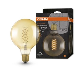 Osram Lamps Vintage 1906 LED Lamp Gold Tint 7 W 600 lm Ball Shape 125 mm Diameter and E27 Base Warm White Spiral Filament Dimmable up to 15,000 Hours Life 4058075761674 48 W Replacement