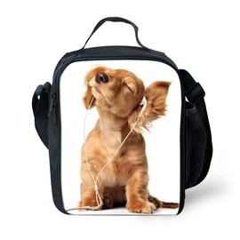 Amzbeauty Kids Back to School Lunch Bag Polyester Durable Insulated Reusable Lunch Box Bag Animal 3D Pattern(Dog Listening to Songs)