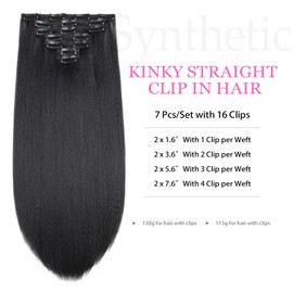 14 Inch Kinky Straight Clip in Hair Extensions Natural Black 7 Pcs Seamless Yaki Straight Clip in Hair for Black Women 100G Full Head Yaki Straight Synthetic Hair