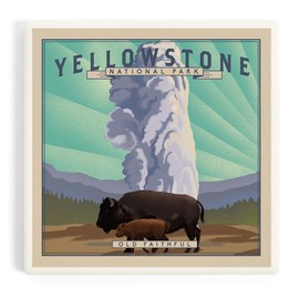 Yellowstone National Park, Wyoming, Old Faithful and Bison, Lithograph National Park Series (Absorbent Ceramic Coaster, Single, Cork Back, Kitchen Table Decor)